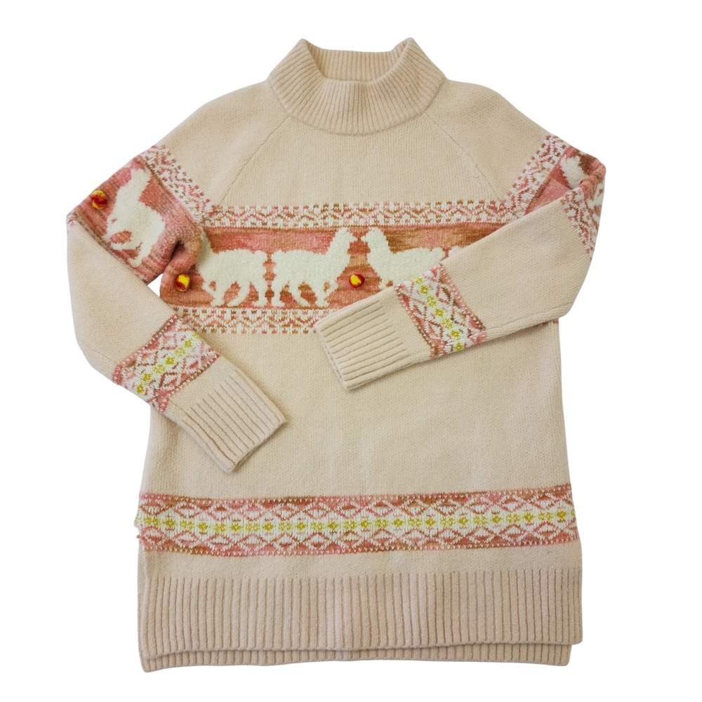 Anthropologie Llama Intarsia Mock Neck Sweater Cream Pink Pom Pom Womens Small